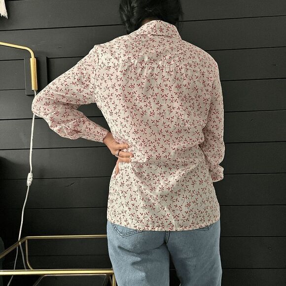 Vintage 1970s floral long sleeve button down blouse pretty secretary medium - Picture 7 of 9